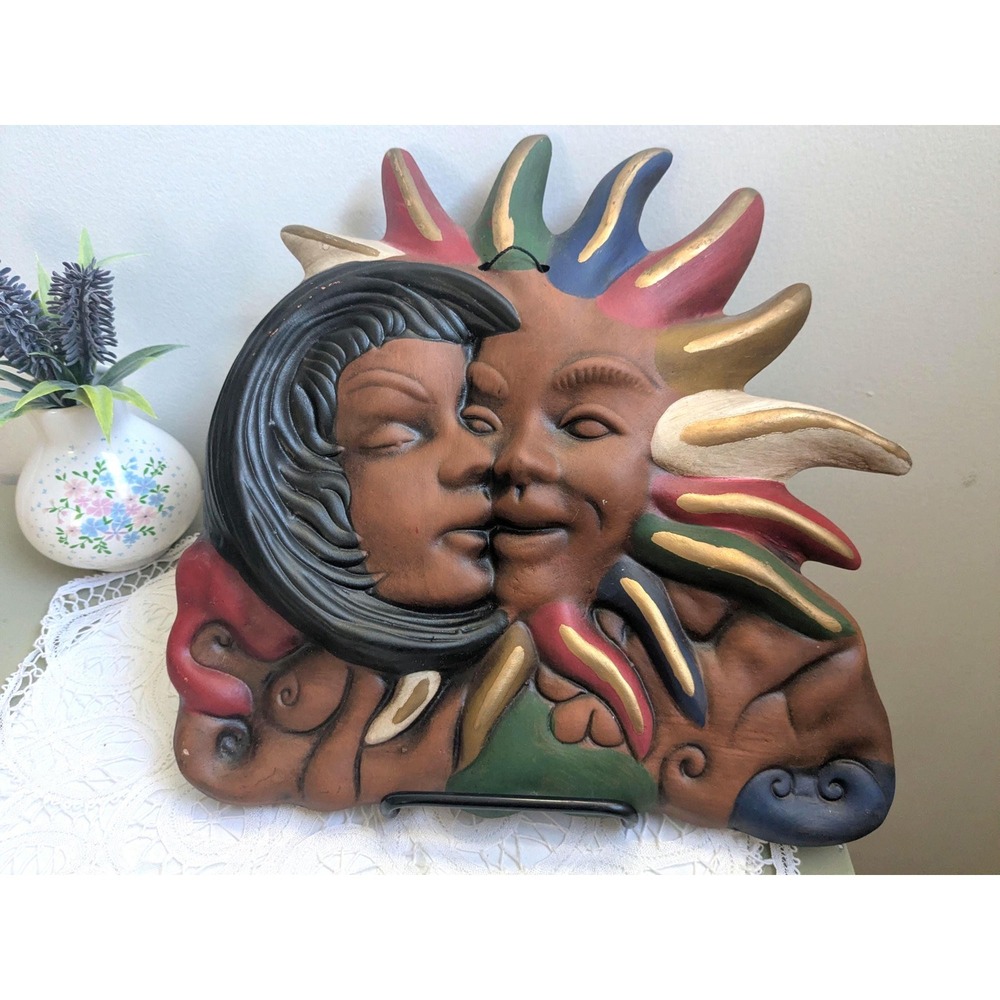 Vintage‎ Sun and Moon Wall Hanging, INAH Mexico Pottery, Hand Painted Celestial